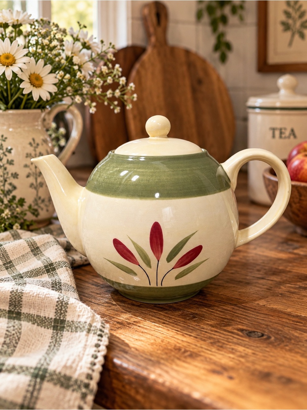 Pier 1 Verona Cream and Green Ceramic Teapot with Red Floral Motif